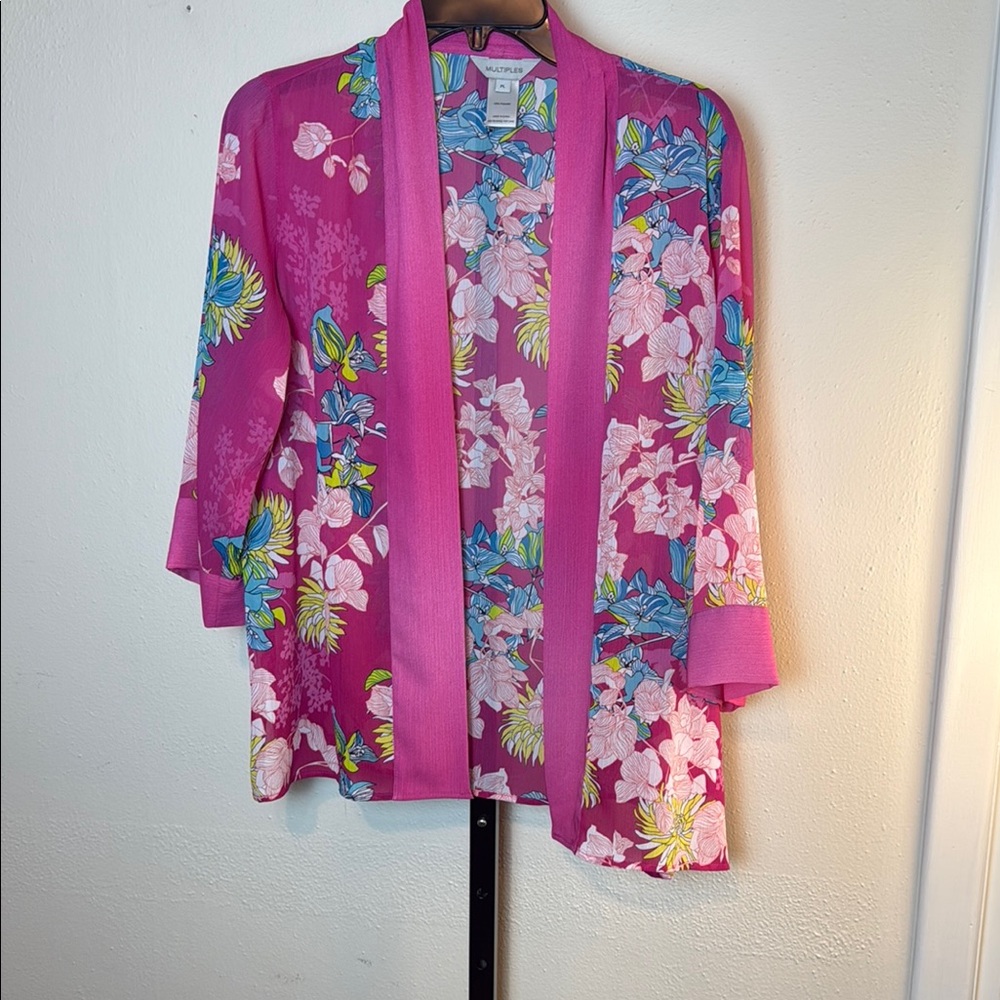 Multiples Pink Floral Kimono Size PL Open Front Lightweight 3/4 sleeves